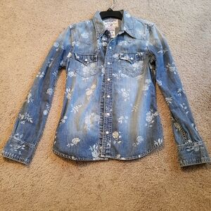 True Religion Blue Denim Shirt with Rose Designs M